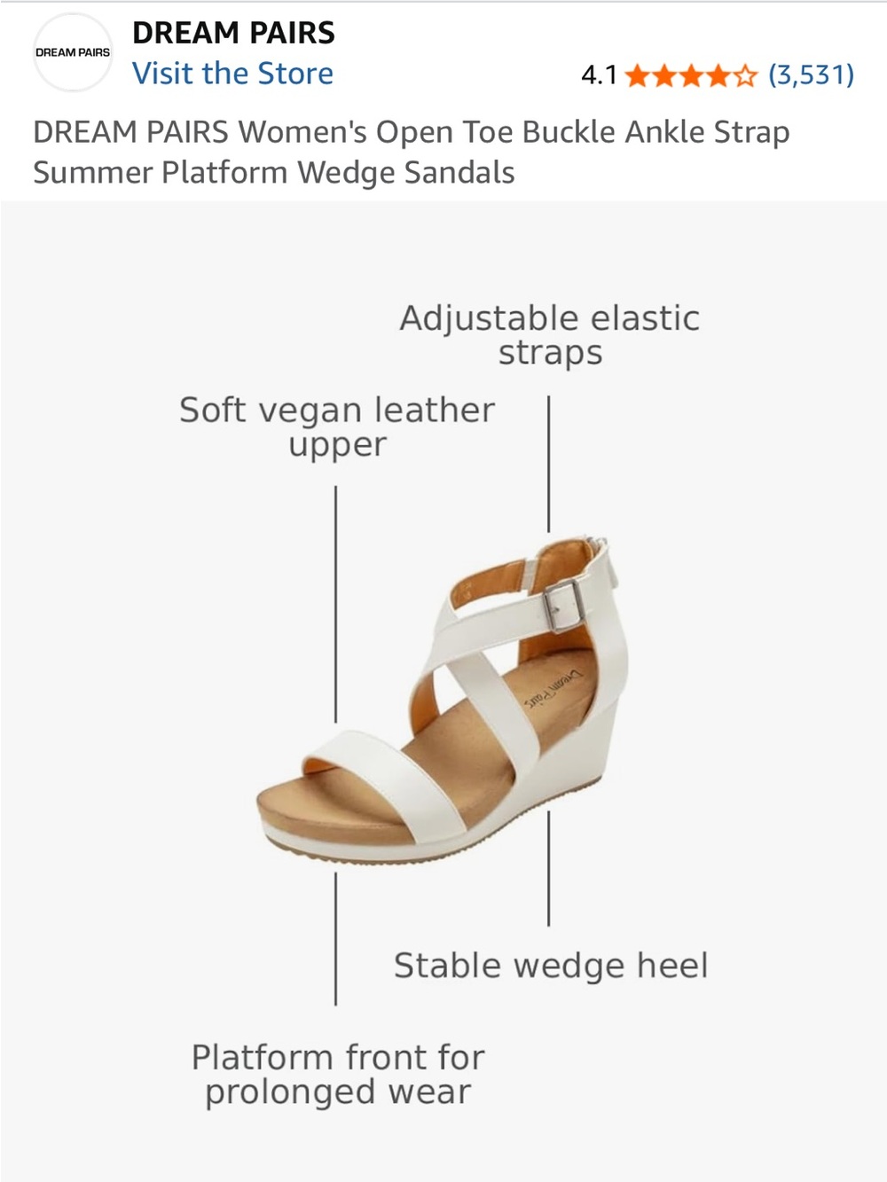 DREAM PAIRS White Strappy Open Toe Buckle Ankle Platform Wedge Sandals 8.5 - Picture 2 of 9